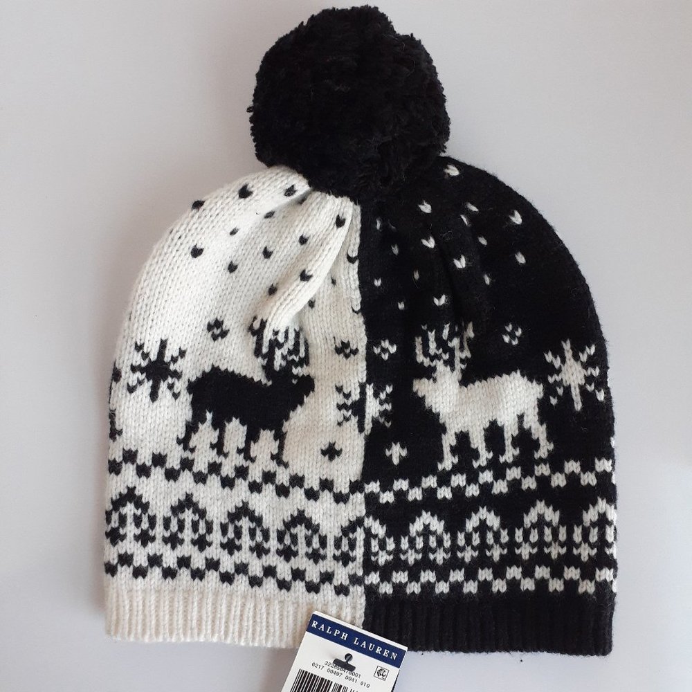 Polo Ralph Lauren Snow Hat Beanie Fair Isle Snowflake Pom Pom Knit Reindeer 4-7